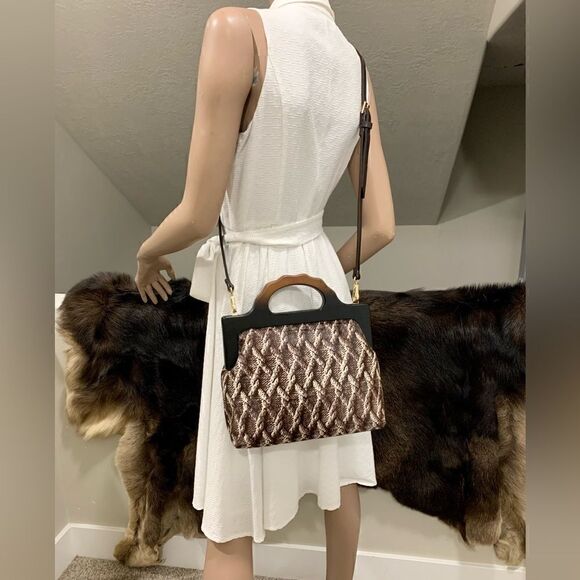 Handmade Genuine Hair-on Calf-hide Wooden Frame Top Handle Bag & 2 Strap Styles - Picture 7 of 16